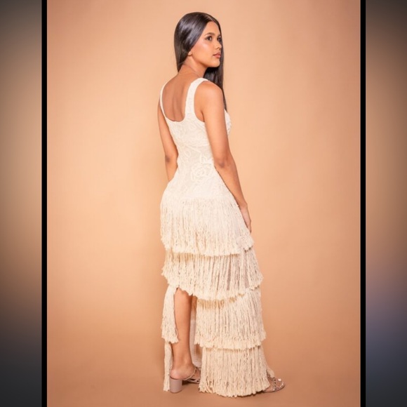 NWT Incredible Cream Crotchet Maxi Dress w/ Lots of Fringe Details Retail $1699! - Picture 5 of 12